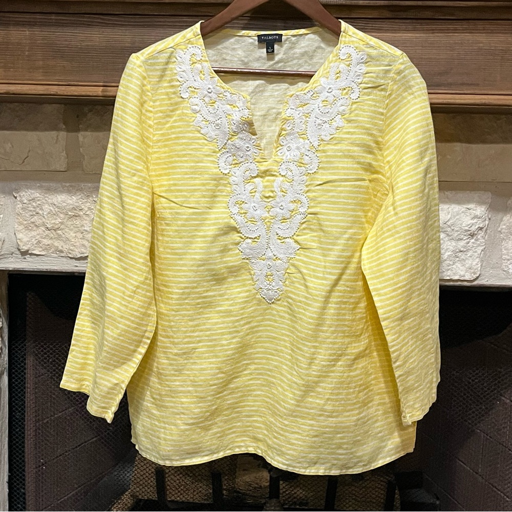 Talbots Yellow Embroidered Beaded Linen Blouse Size Large